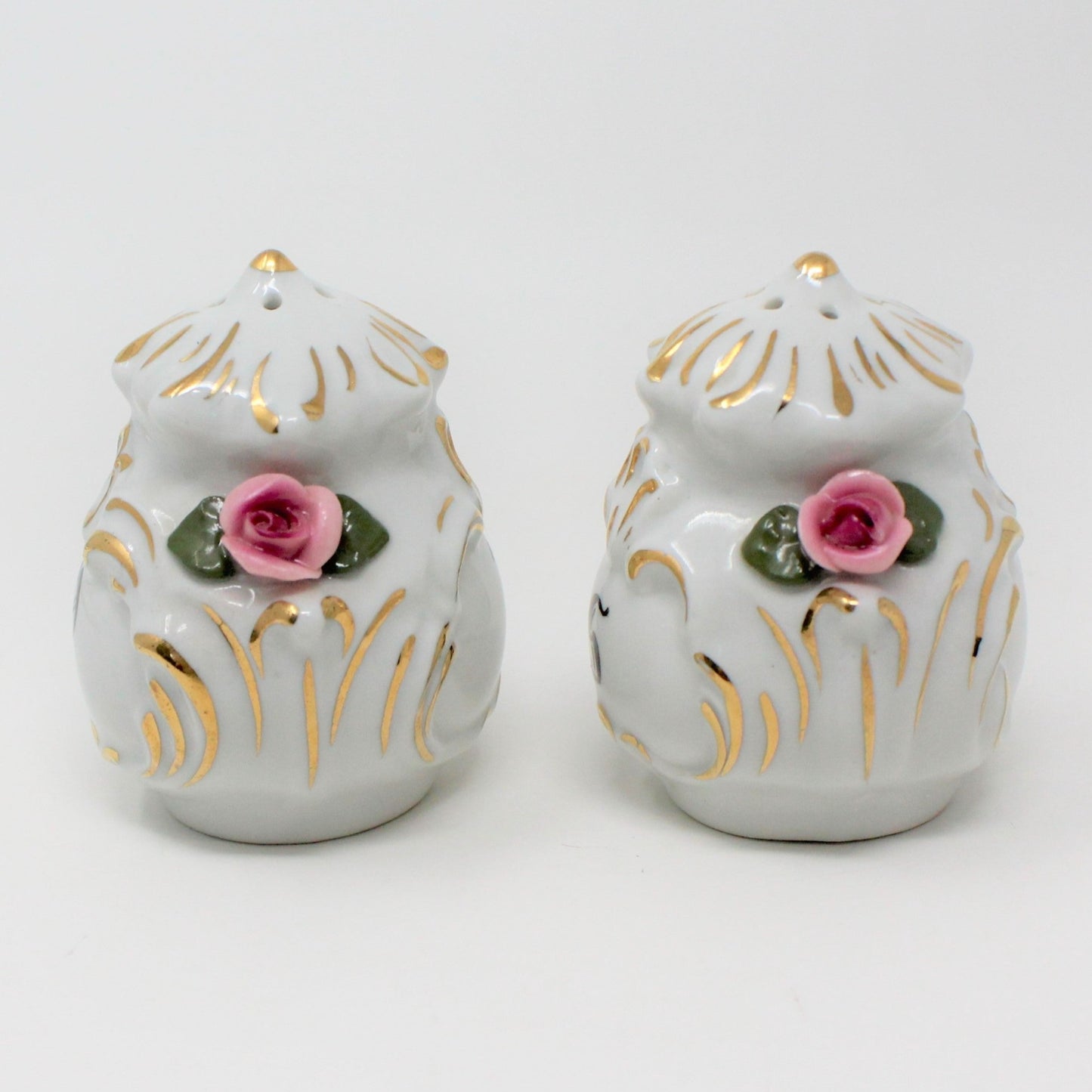 Salt and Pepper Shakers with Tray, Dresden Style, Hand Applied Pink Roses, Vintage