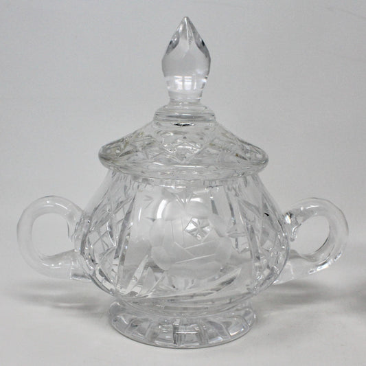 Creamer and Sugar with Lid, American Cut Glass, Vega Pattern Etched Rose, Vintage