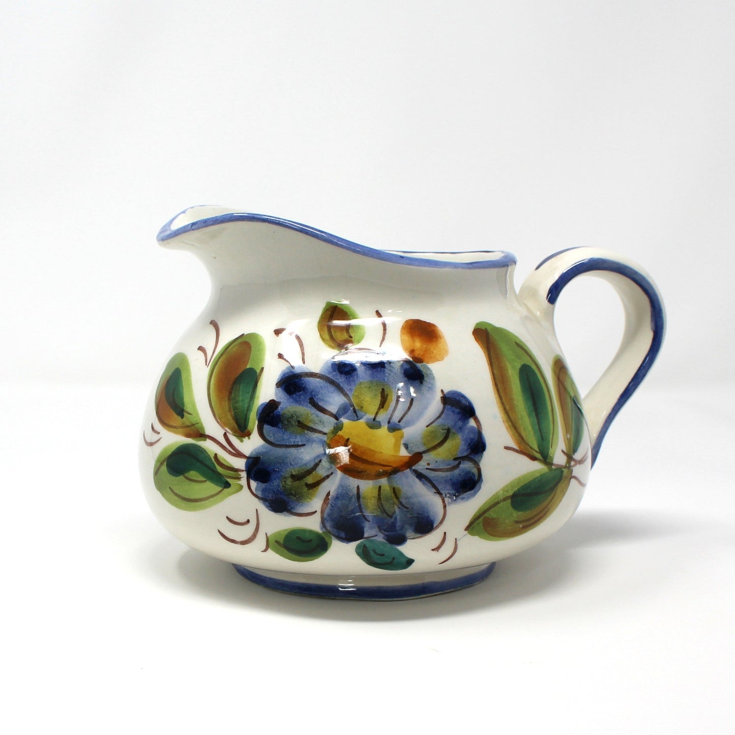 Pitcher, FTD, Italian Pottery, Hand Painted, Blue Floral, Vintage Italy