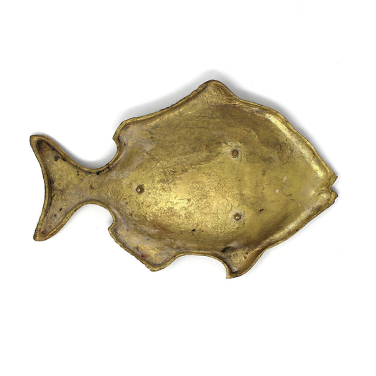 Back view of footed brass fish shaped dish