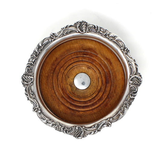 Bottle Coaster, Silver Plated & Wood, Ornate Victorian, England, Antique