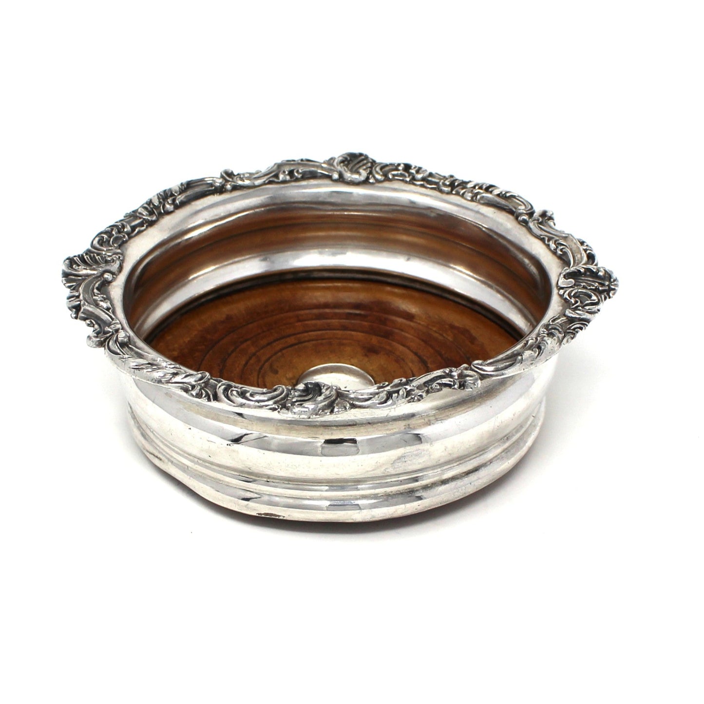 Bottle Coaster, Silver Plated & Wood, Ornate Victorian, England, Antique