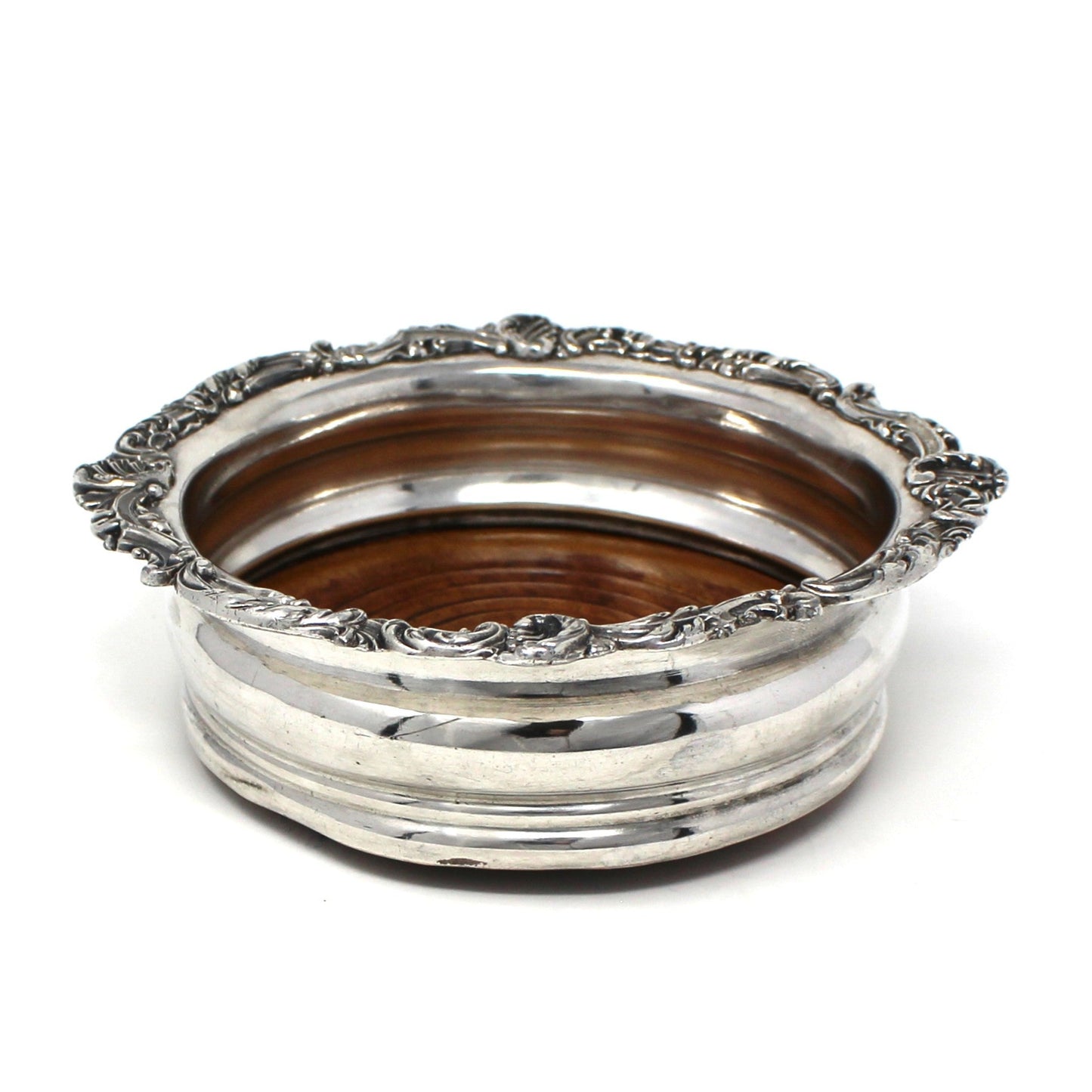 Bottle Coaster, Silver Plated & Wood, Ornate Victorian, England, Antique