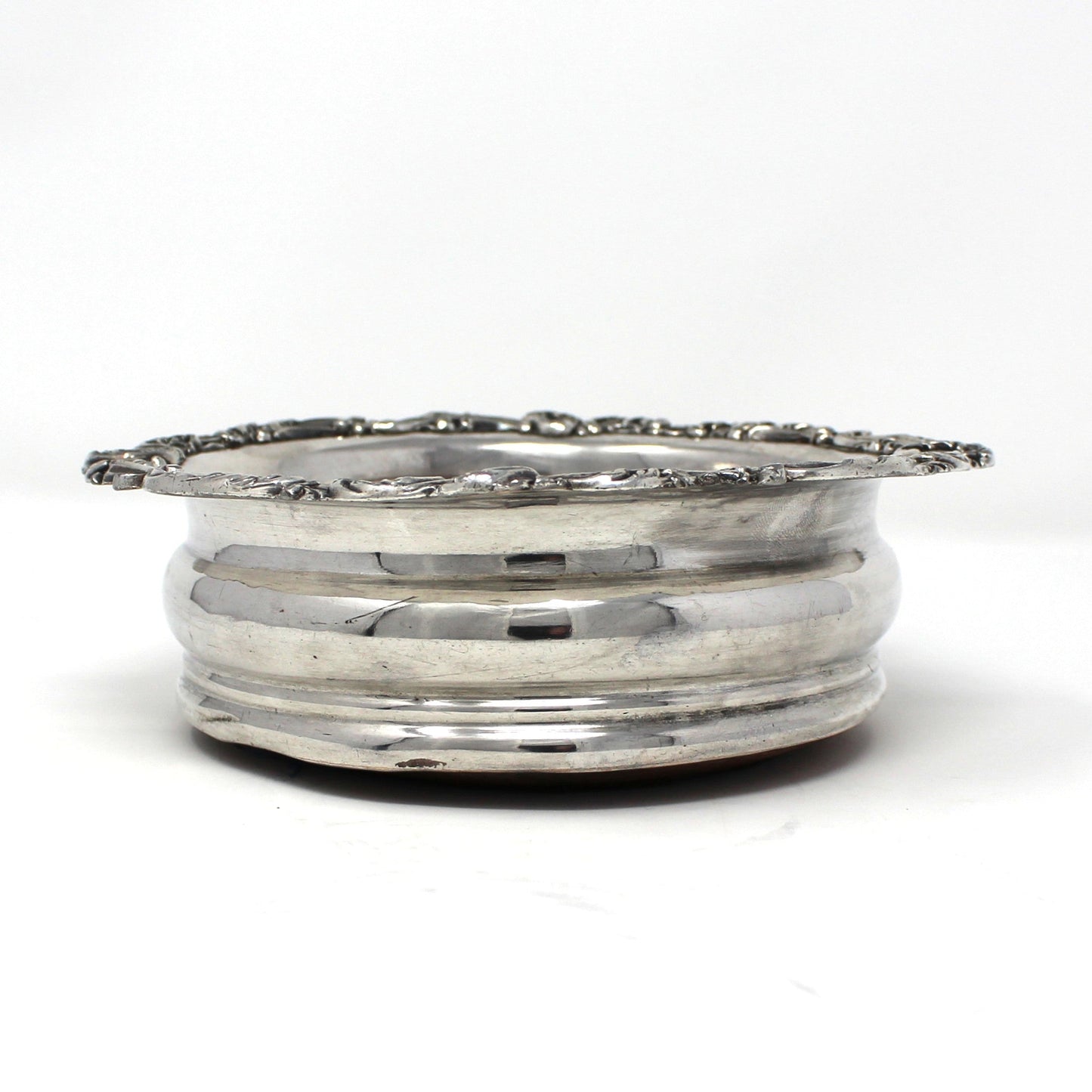 Bottle Coaster, Silver Plated & Wood, Ornate Victorian, England, Antique