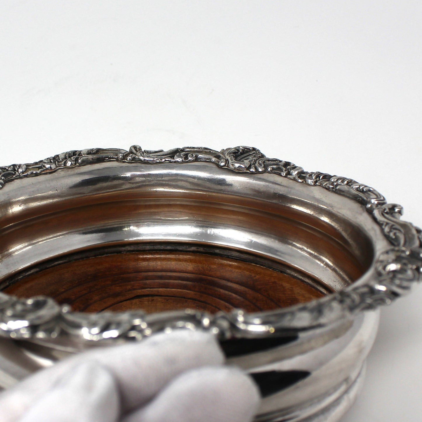 Bottle Coaster, Silver Plated & Wood, Ornate Victorian, England, Antique