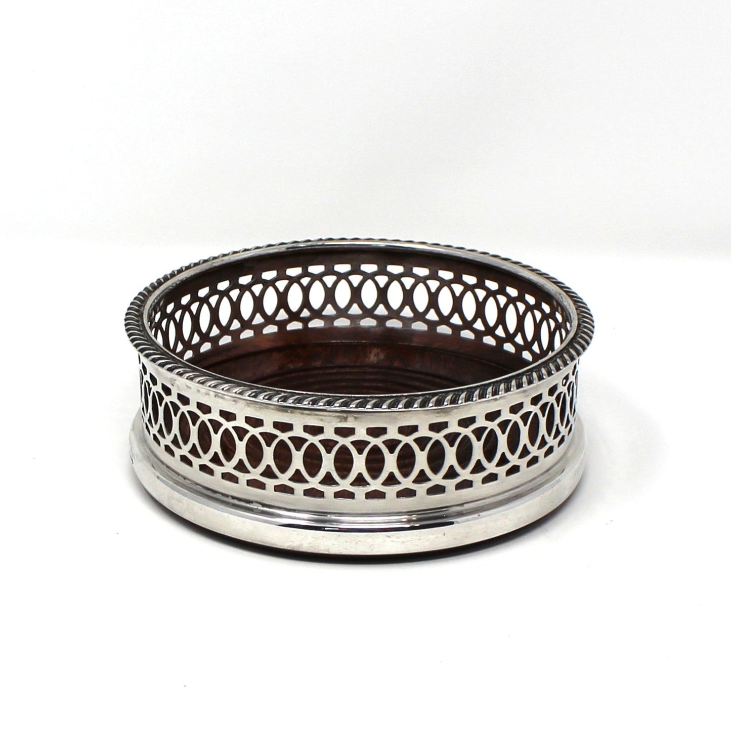 Bottle Coaster, Gainsborough, Silverplate & Wood, England, Vintage