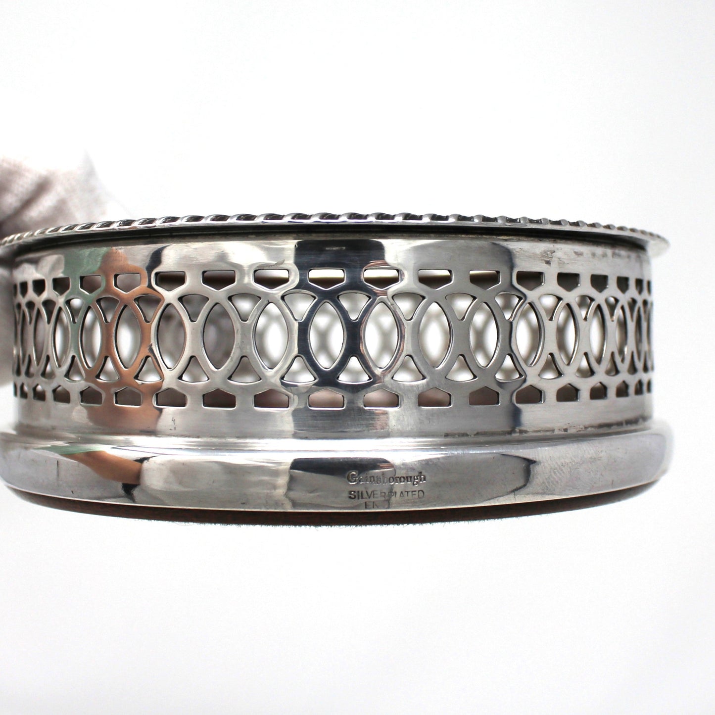 Bottle Coaster, Gainsborough, Silverplate & Wood, England, Vintage