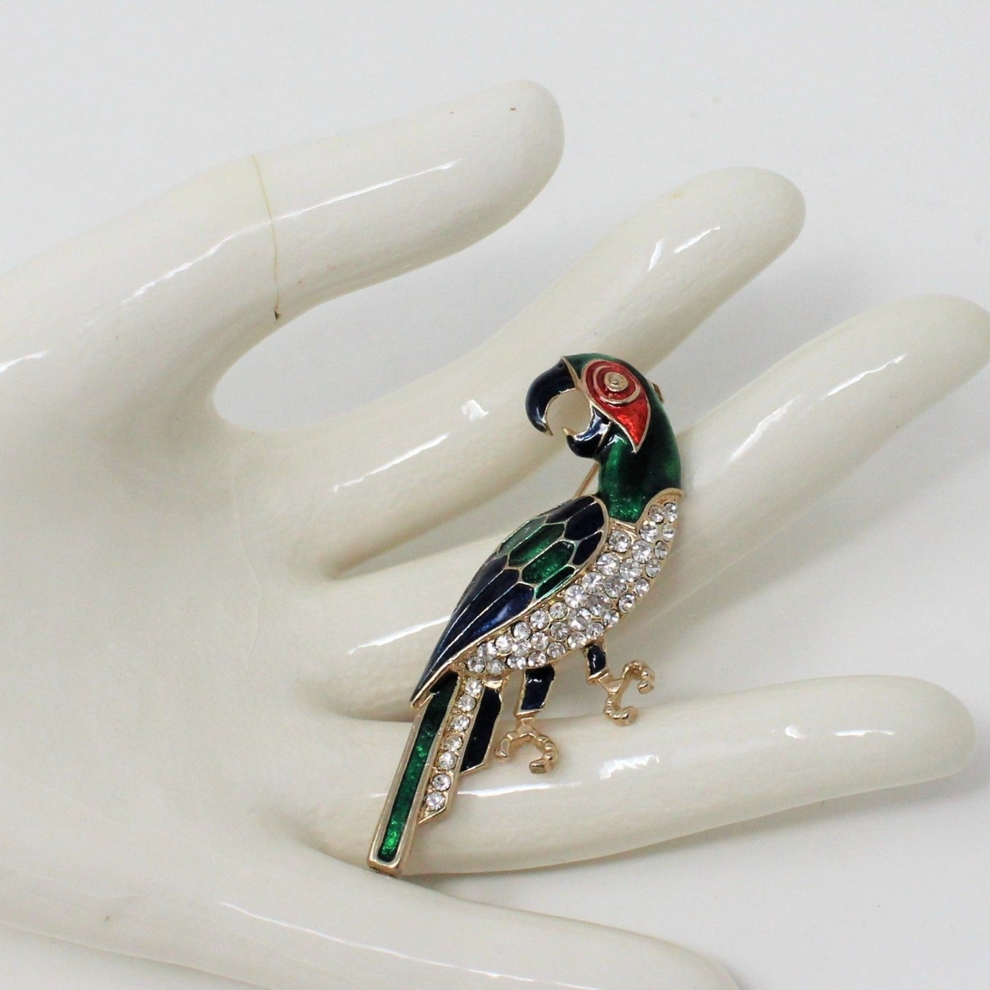 Brooch / Pin, Bird, Parrot, Macaw, Blue & Green Enamel with Rhinestones, Vintage