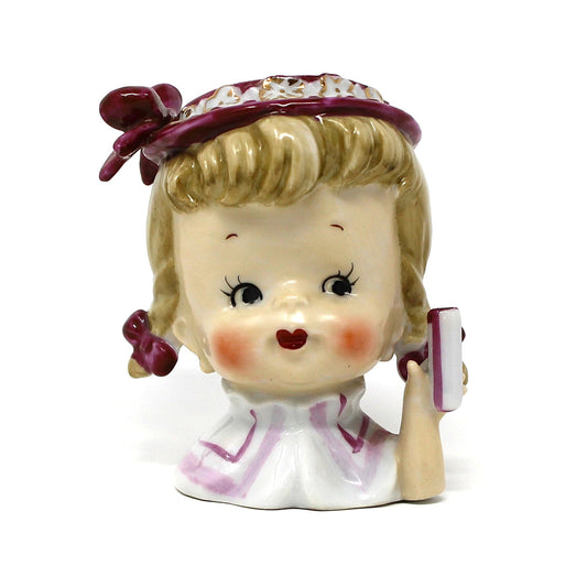 Vase, Napco, Head Vase Planter, Girl with Pigtails Pink & White, Mid Century, Vintage