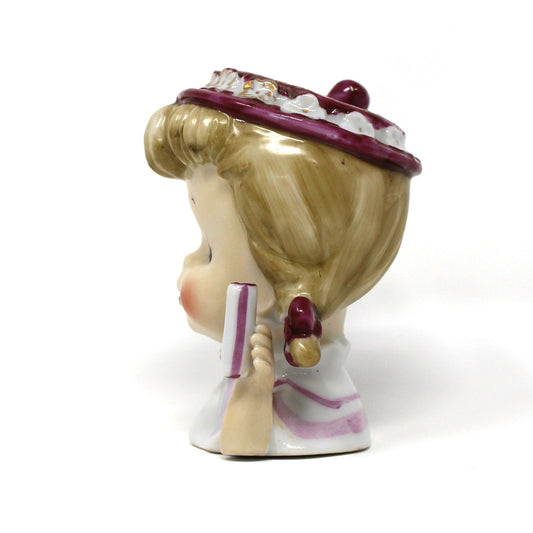 Vase, Napco, Head Vase Planter, Girl with Pigtails Pink & White, Mid Century, Vintage