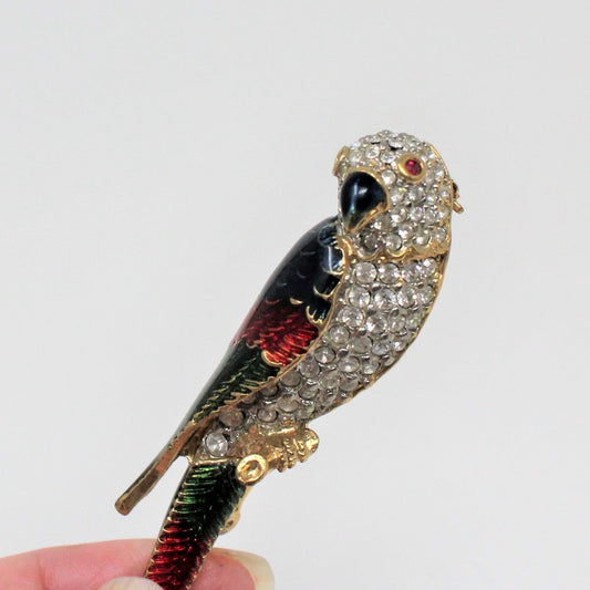 Brooch / Pin, Bird / Parrot, Blue, Red & Green Enamel with Rhinestones, Vintage, SOLD