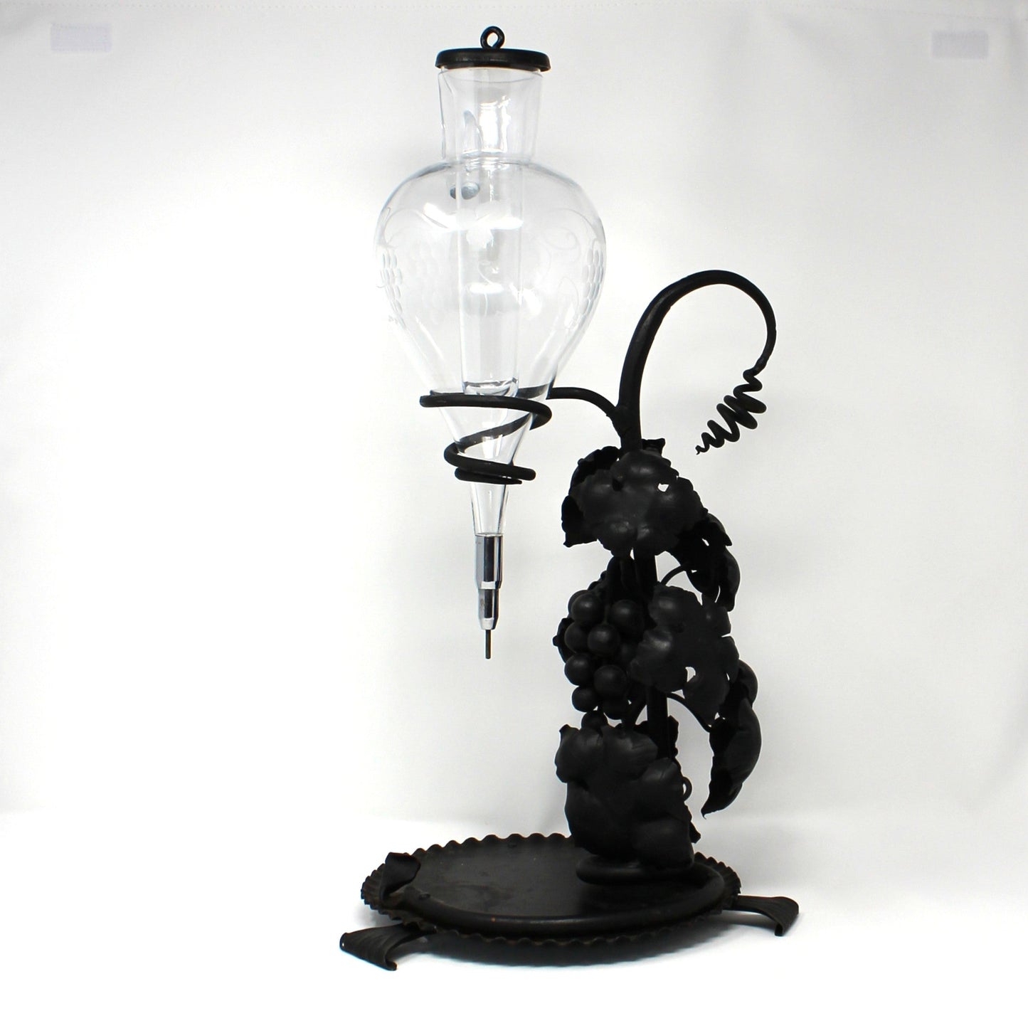 Decanter / Aerator /Wine Dispenser, Etched Glass, Wrought Iron Stand, Vintage Italy
