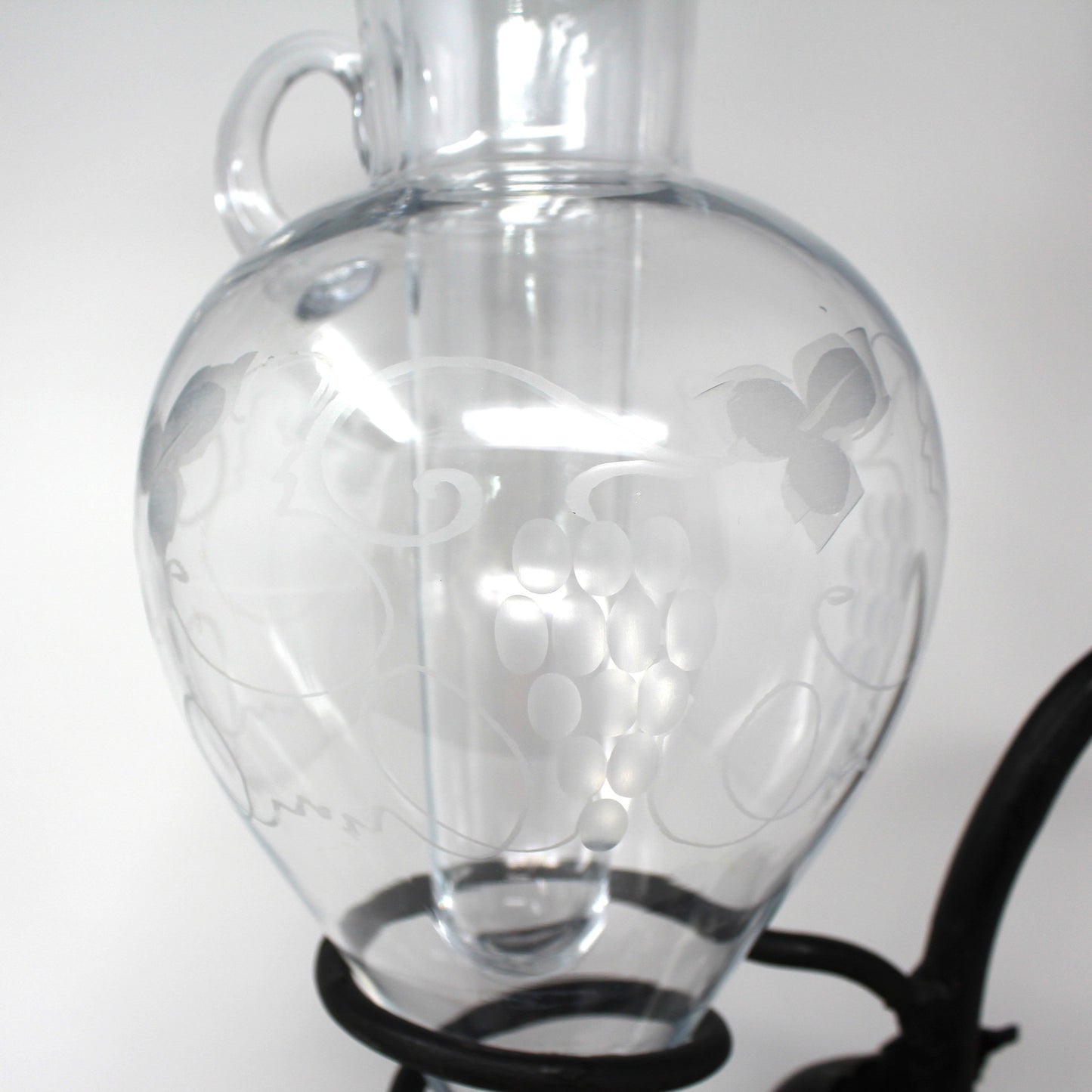 Decanter / Aerator /Wine Dispenser, Etched Glass, Wrought Iron Stand, Vintage Italy