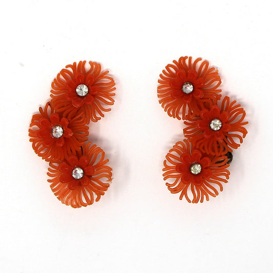 mid century earrings, orange flower ear climbers with rhinestones