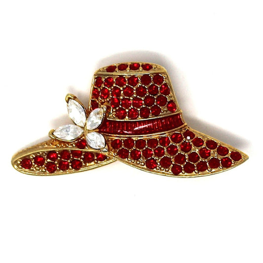 Vintage Monet Brooch, Red Rhinestones Panama Hat with White Rhinestones Flower
