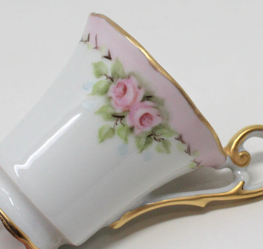 Demitasse, Hand Painted Pink Roses, Set of 2, Vintage 1975