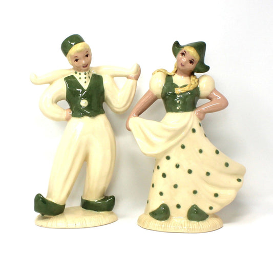 Figurine, Hedi Schoop, Dutch Boy and Girl, Hand Painted, Green & White, Vintage Set of 2