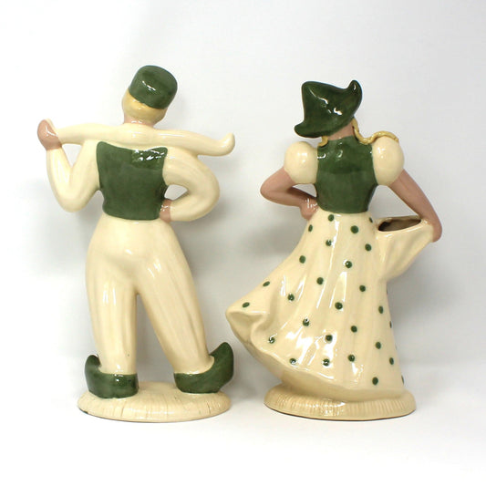 Figurine, Hedi Schoop, Dutch Boy and Girl, Hand Painted, Green & White, Vintage Set of 2
