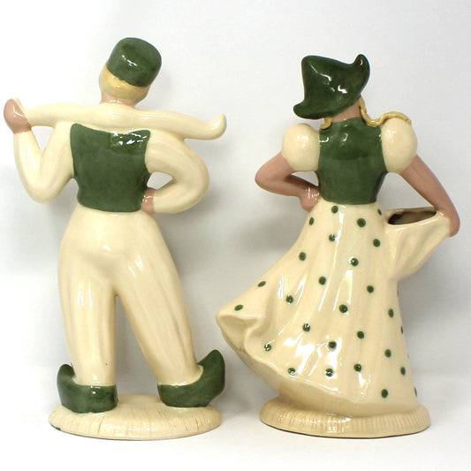 Figurines: Hedi Schoop, Dutch Boy & Girl, Hand Painted Green & White, California Pottery, Hollywood, Vintage 1940s–1950s, Set of 2