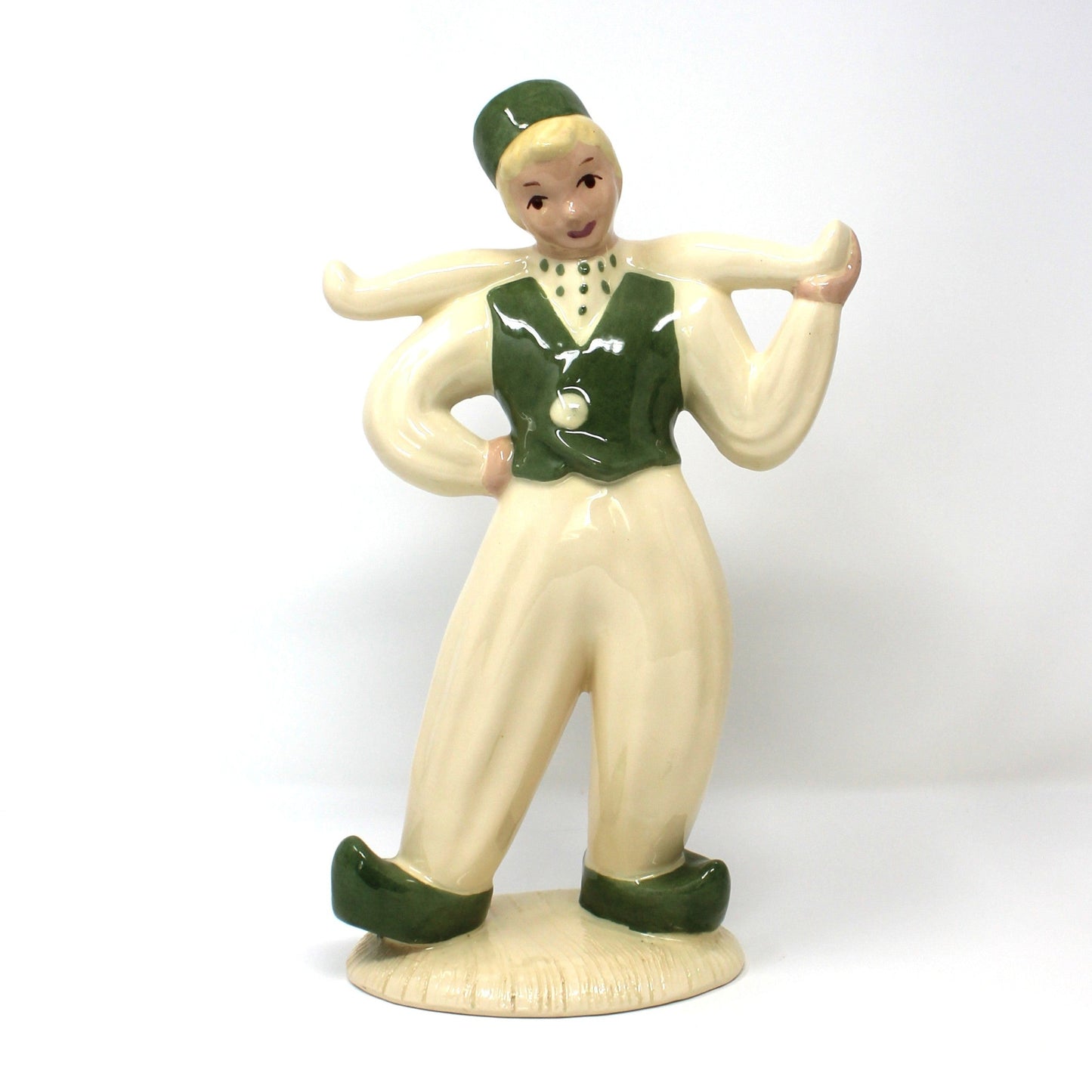 Figurine, Hedi Schoop, Dutch Boy and Girl, Hand Painted, Green & White, Vintage Set of 2
