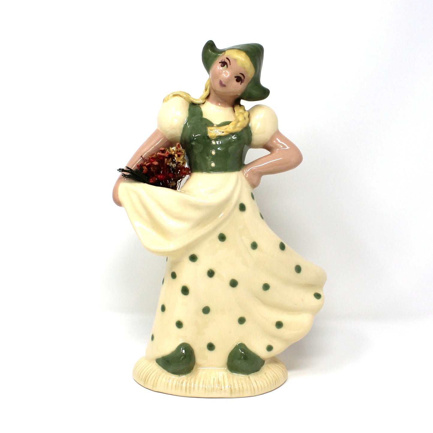Figurine, Hedi Schoop, Dutch Boy and Girl, Hand Painted, Green & White, Vintage Set of 2