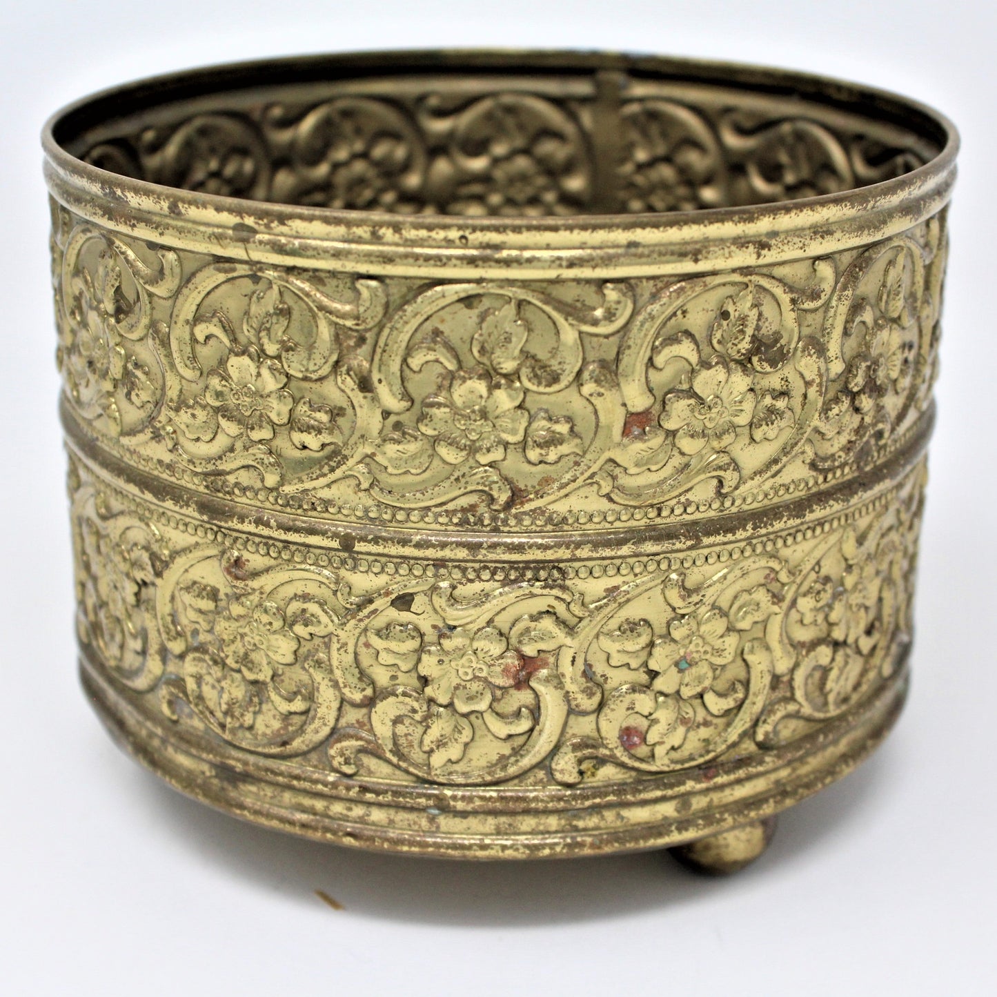 Planter,  Brass Cachet Pot, Embossed Blossoms, Metal, Vintage