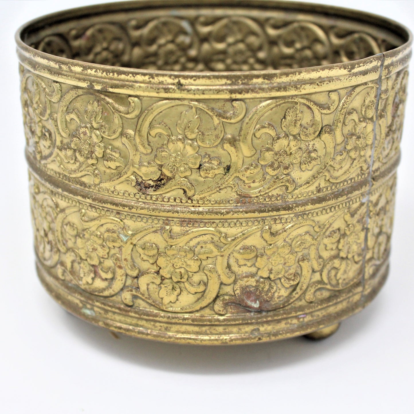 Planter,  Brass Cachet Pot, Embossed Blossoms, Metal, Vintage