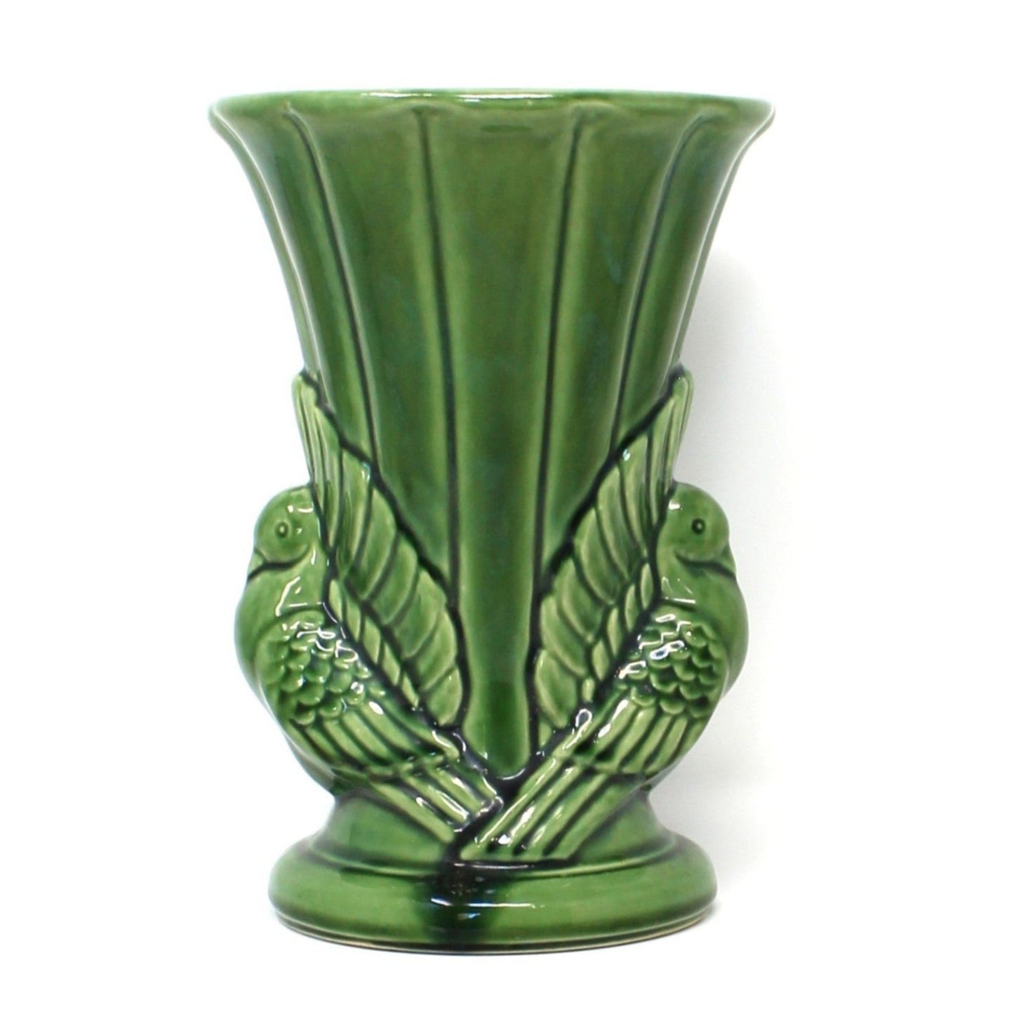 vintage ceramic vase, Shawnee pottery vase with two doves, green