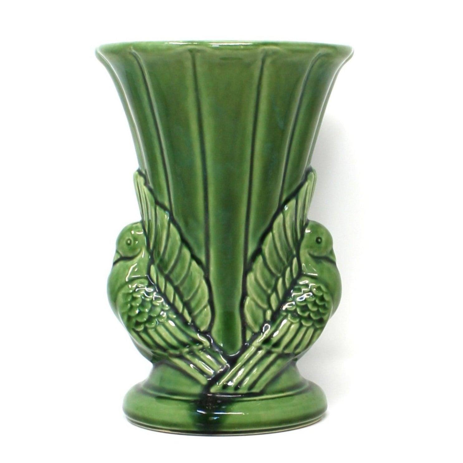 vintage ceramic vase, Shawnee pottery vase with two doves, green