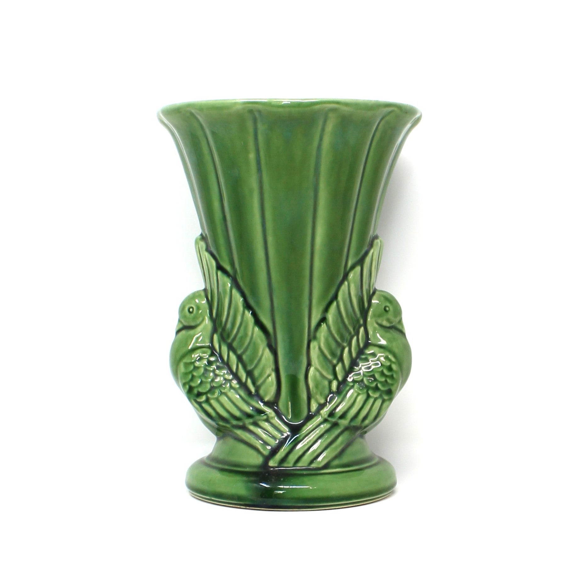 Mid Century USA pottery vase, two turtle doves in green ceramic