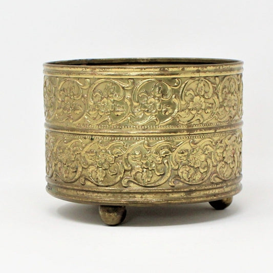 Planter,  Brass Cachet Pot, Embossed Blossoms, Metal, Vintage