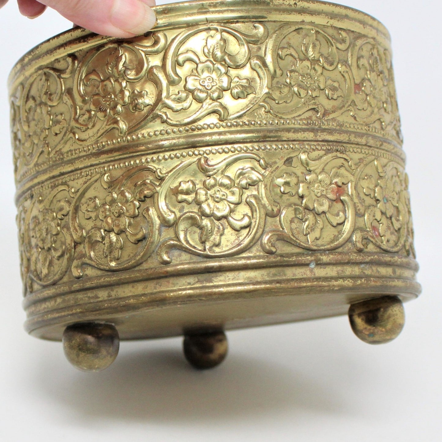 Planter,  Brass Cachet Pot, Embossed Blossoms, Metal, Vintage
