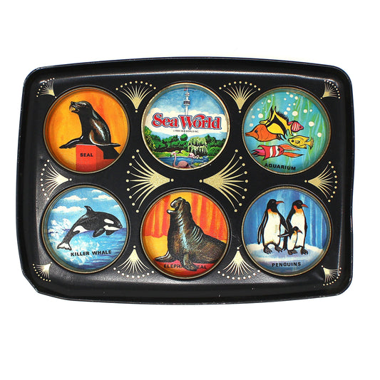 Tray, Drink Serving Tray, Sea World Souvenir, Midcentury Barware, Drink Caddy, Vintage