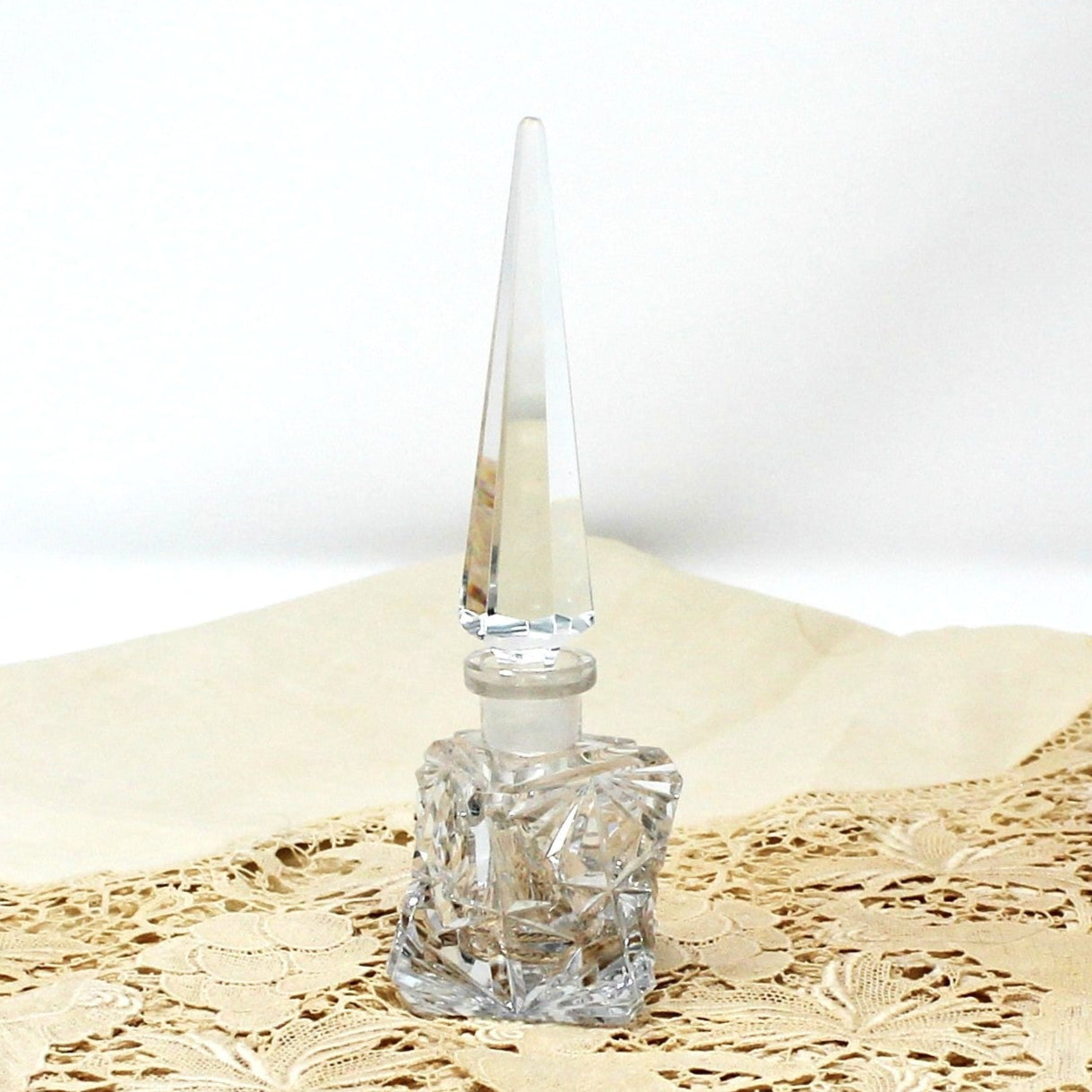 Perfumed Bottle, Cut Crystal, Art Deco Triangle Shaped, Tall Pointed Stopper, Vintage Collectible