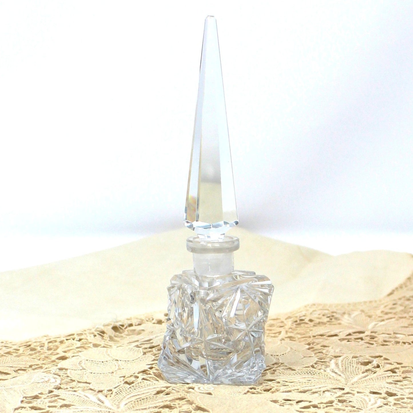 Perfumed Bottle, Cut Crystal, Art Deco Triangle Shaped, Tall Pointed Stopper, Vintage Collectible