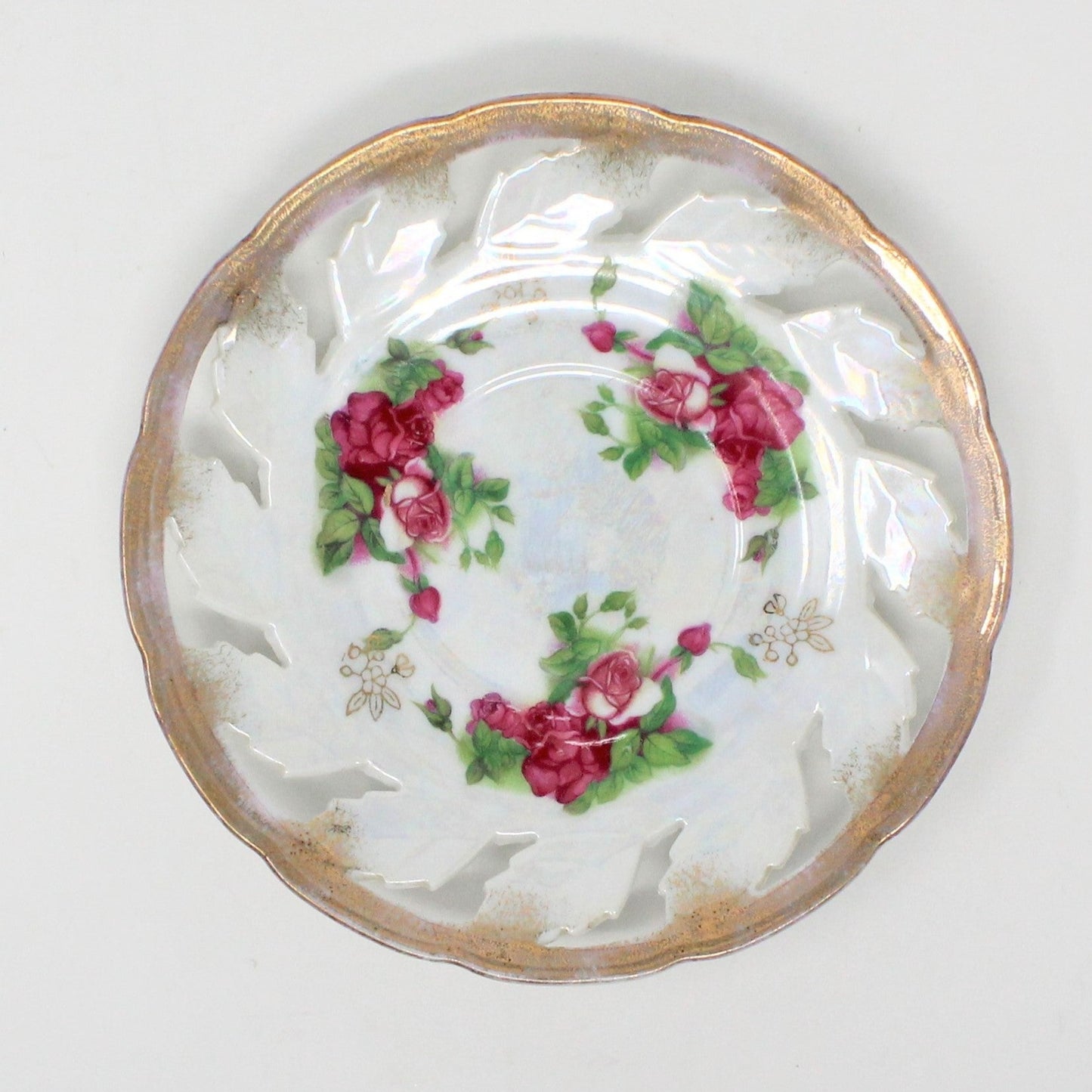 Saucers, Fred Roberts Co, Reticulated Iridescent Lusterware, Pink Roses, Vintage