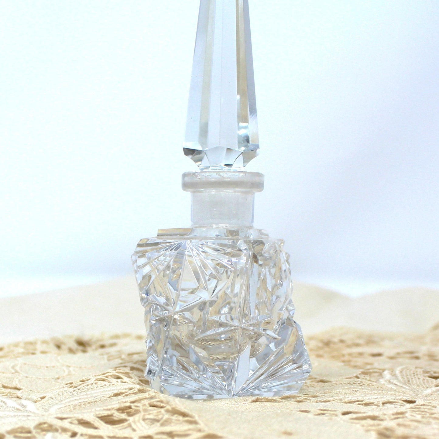 Perfumed Bottle, Cut Crystal, Art Deco Triangle Shaped, Tall Pointed Stopper, Vintage Collectible