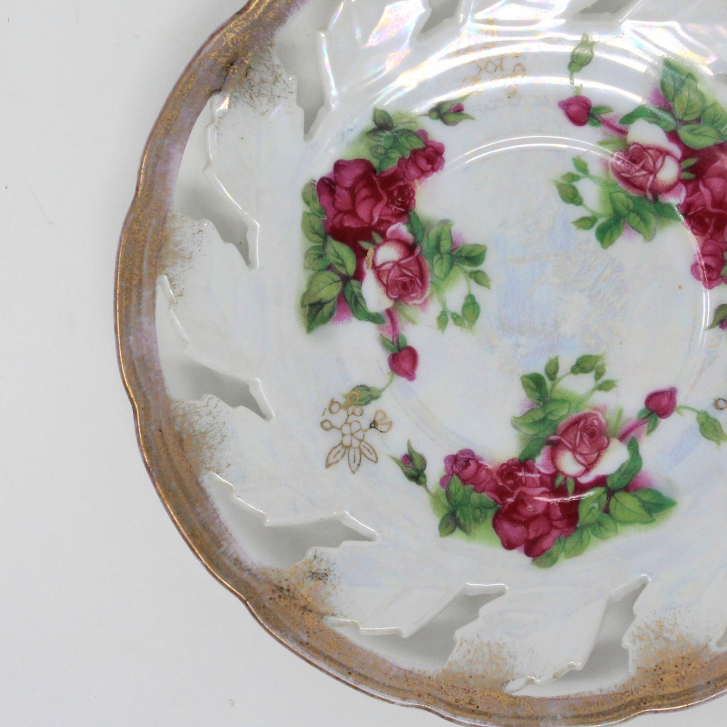 Saucers, Fred Roberts Co, Reticulated Iridescent Lusterware, Pink Roses, Vintage