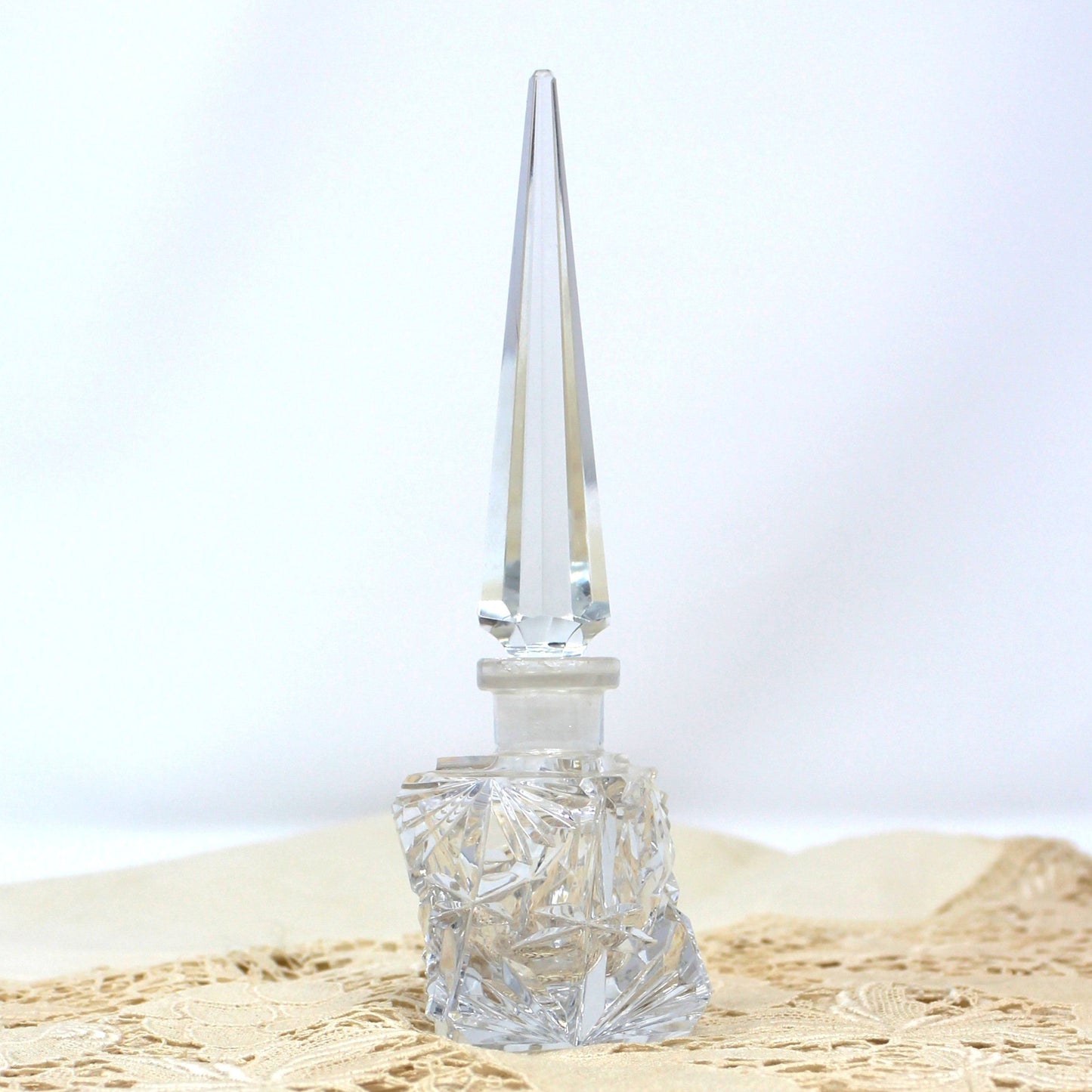 Perfumed Bottle, Cut Crystal, Art Deco Triangle Shaped, Tall Pointed Stopper, Vintage Collectible
