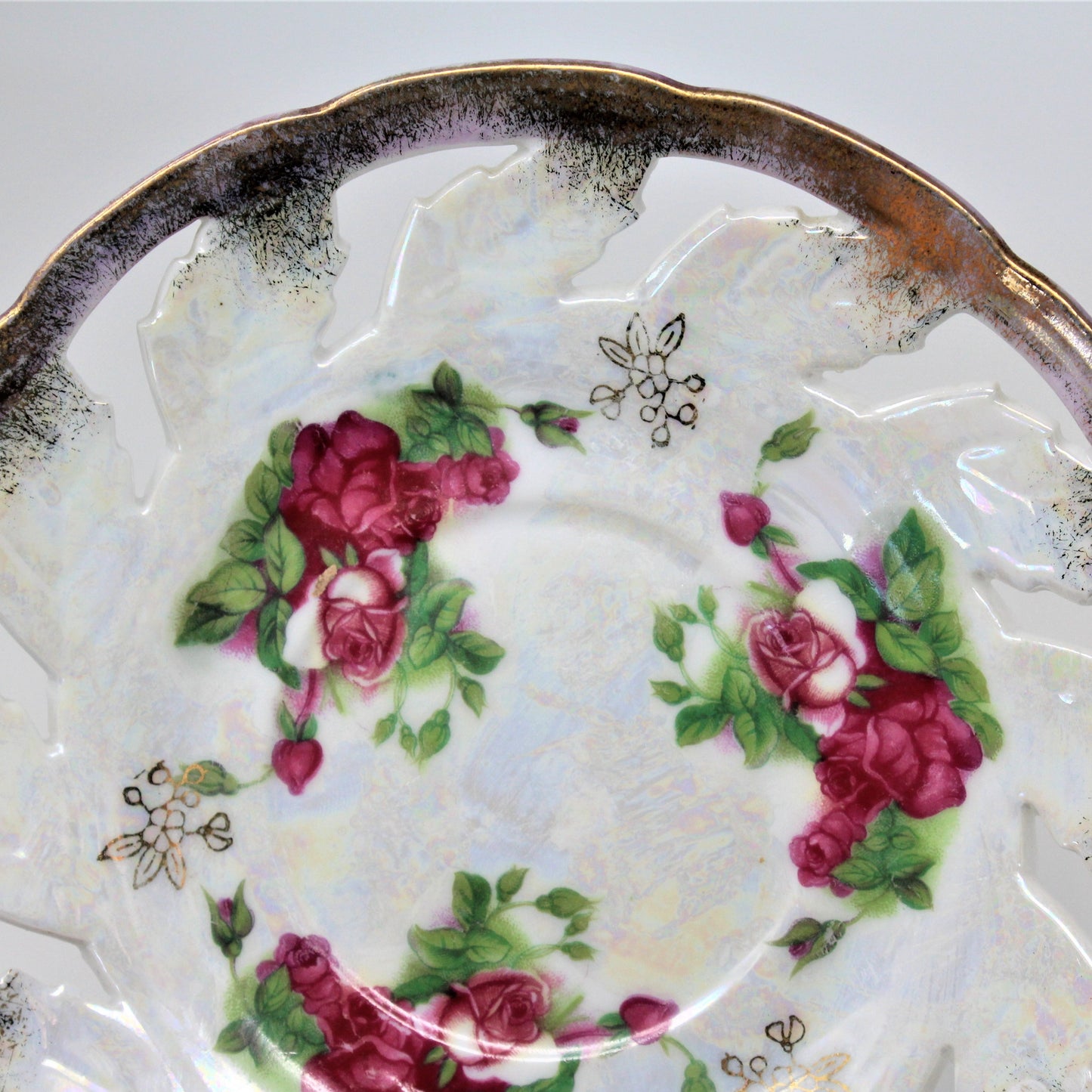 Saucers, Fred Roberts Co, Reticulated Iridescent Lusterware, Pink Roses, Vintage