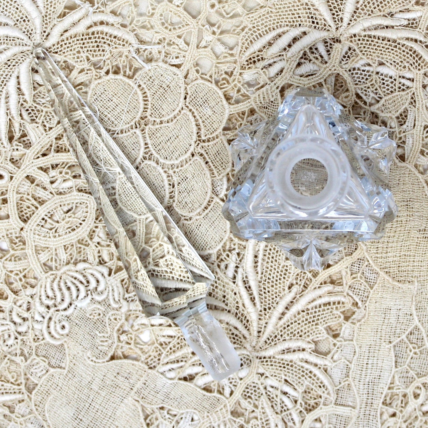 Perfumed Bottle, Cut Crystal, Art Deco Triangle Shaped, Tall Pointed Stopper, Vintage Collectible