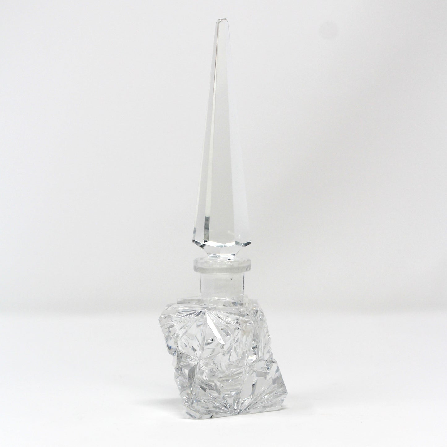 Perfumed Bottle, Cut Crystal, Art Deco Triangle Shaped, Tall Pointed Stopper, Vintage Collectible