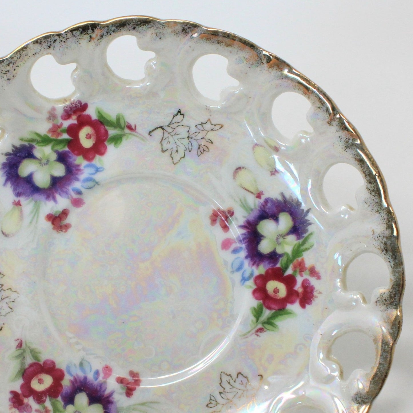 Decorative Plate, Fred Roberts Co, Reticulated Iridescent Lusterware, Purple Floral, Vintage