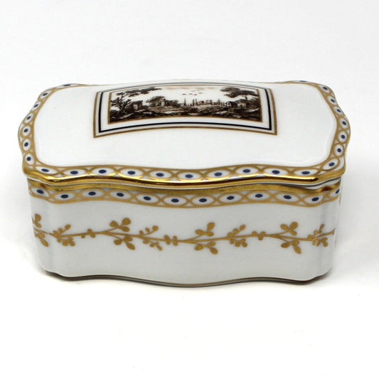 Decorative porcelain white box by Ginori in the Fiesole pattern, with Italian villa scene on lid.  Gold accents on sides and rim.
