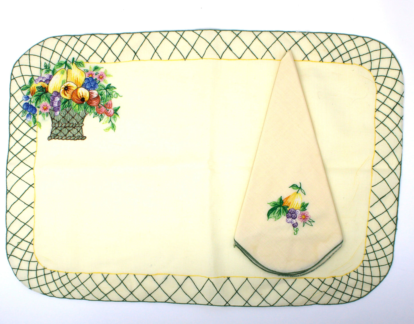 Placemats and Napkins Set, Villeroy & Boch Basket Garden, Embroidered Fabric / Cloth, Fruit & Flowers Basket, Set for Four (8 Pcs), Vintage