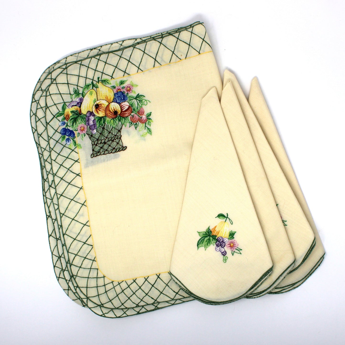 Placemats and Napkins Set, Villeroy & Boch Basket Garden, Embroidered Fabric / Cloth, Fruit & Flowers Basket, Set for Four (8 Pcs), Vintage