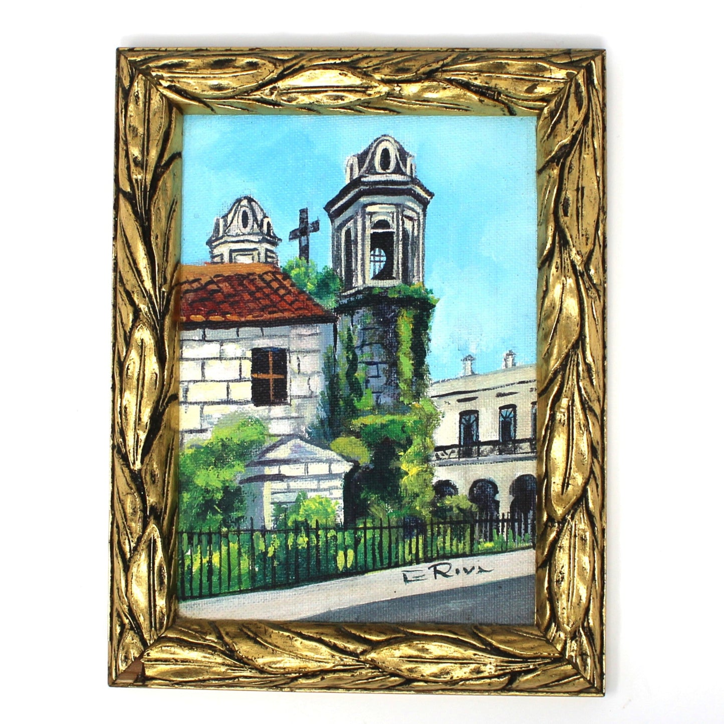 Painting Original Oil, Amateur Art, Town Church / Old Mission with Bell Towers, Framed, Vintage