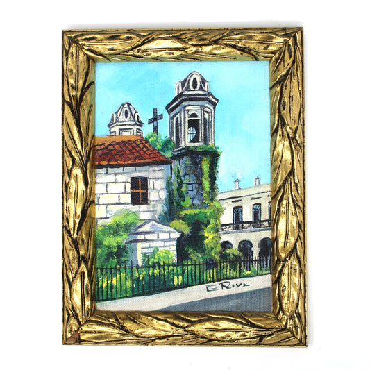 Painting Original Oil, Amateur Art, Town Church / Old Mission with Bell Towers, Framed, Vintage