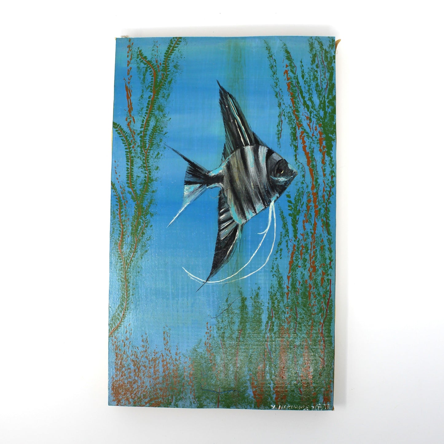 Painting Original Oil, Amateur Art on Wood, Angelfish, Rustic Coastal, Sealife, Vintage