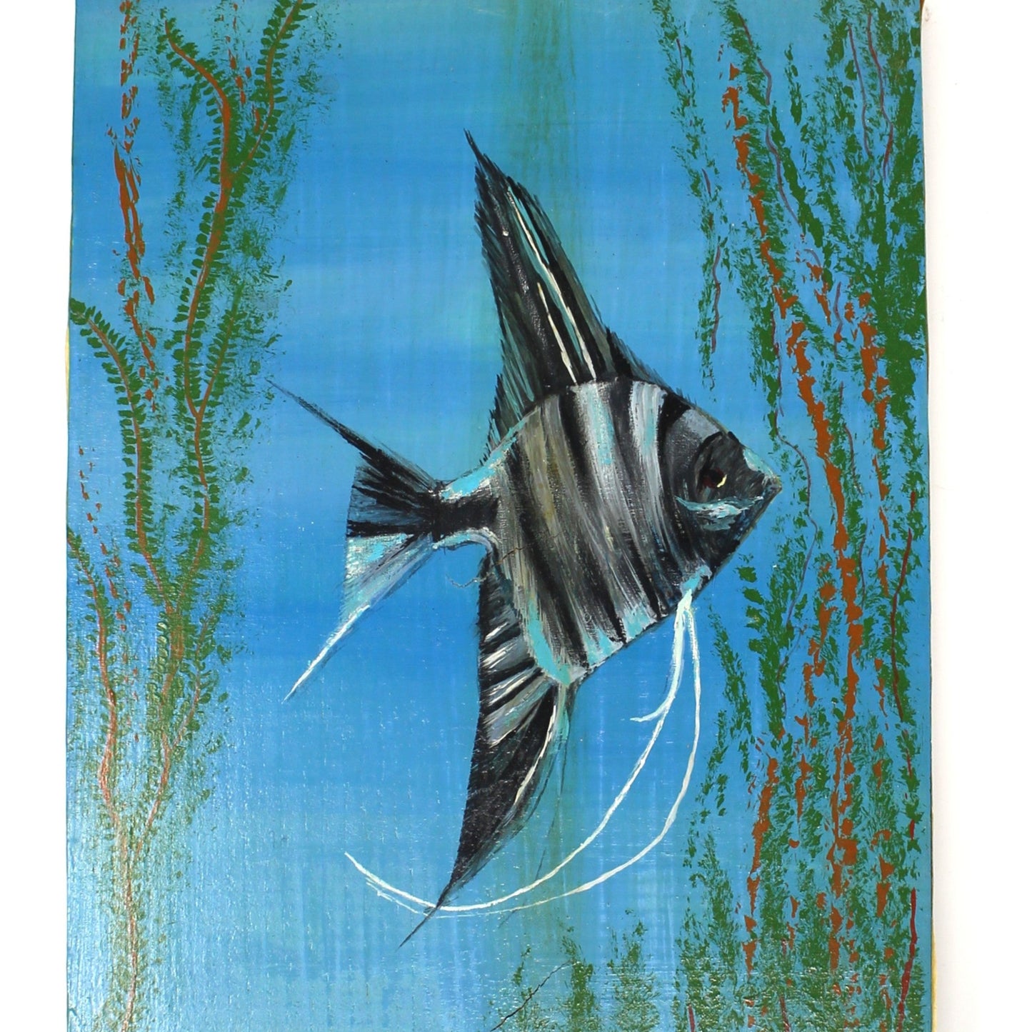 Painting Original Oil, Amateur Art on Wood, Angelfish, Rustic Coastal, Sealife, Vintage